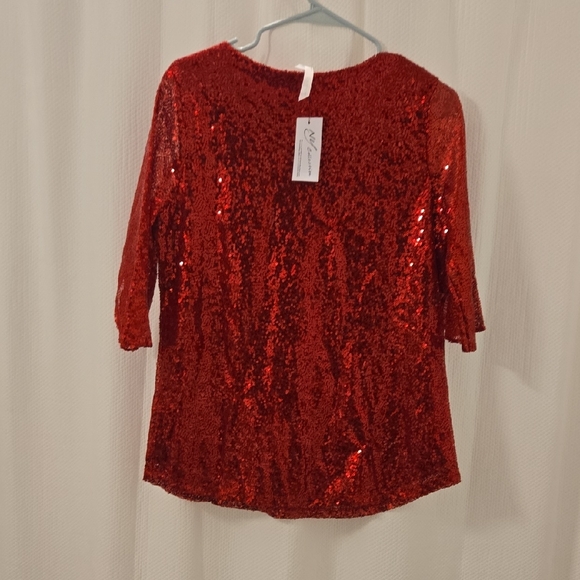 NY Collection Sparkling Red Sequin Blouse - Picture 4 of 7